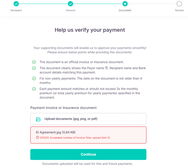 What supporting document would I need to upload for insurance payment